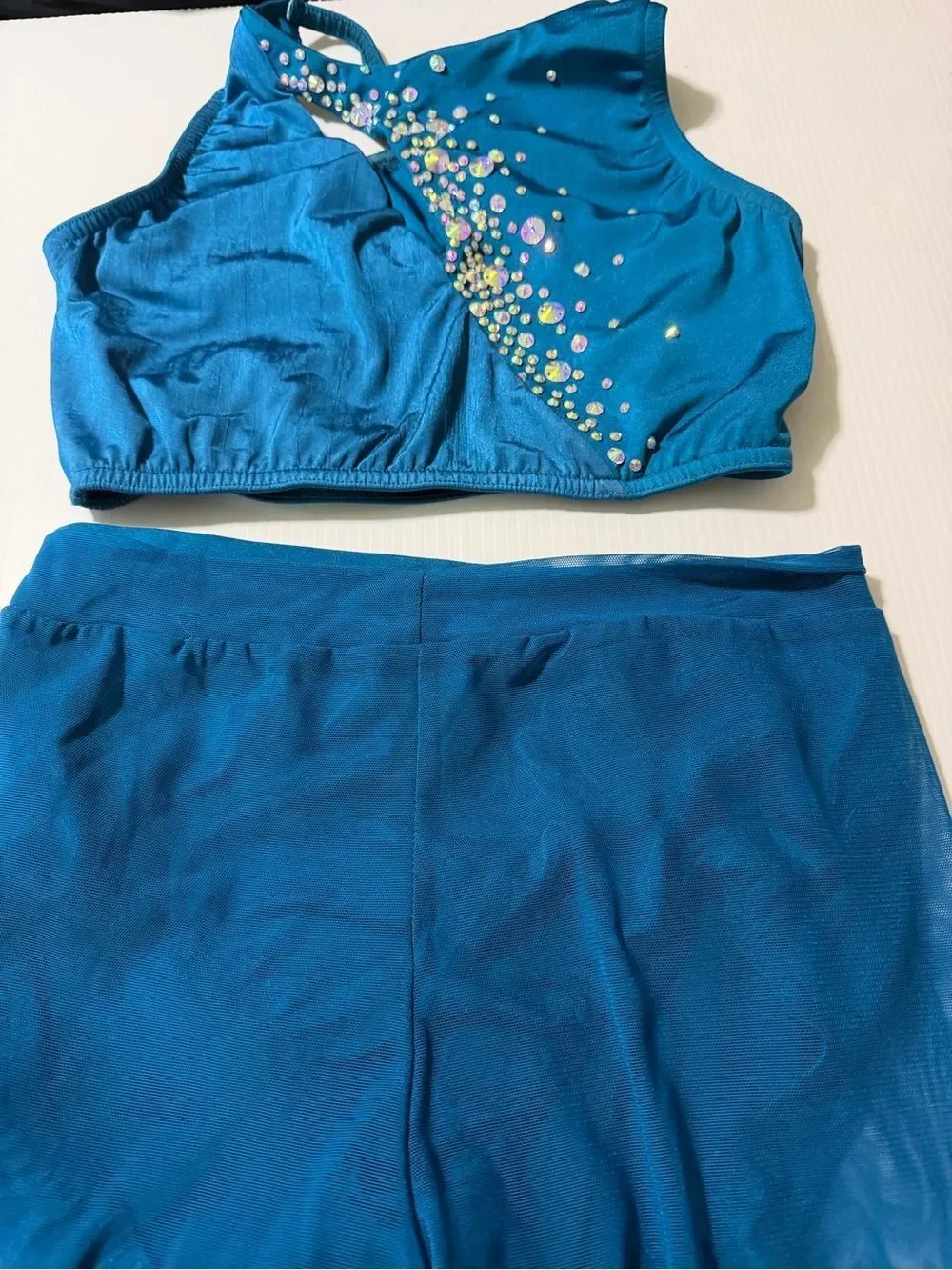 Kelle dance solo costume teal blue 2 piece custom rhinestone MA-Medium adult